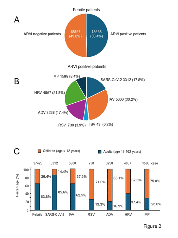 Pathogen spectrum and age-stratified distribution of acute respiratory infections (ARIs).